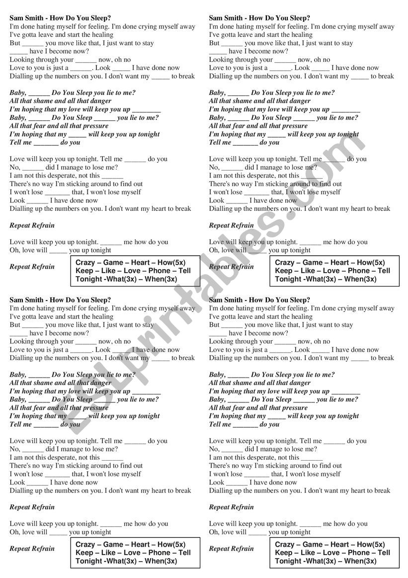 How do You Sleep? - Sam Smith worksheet