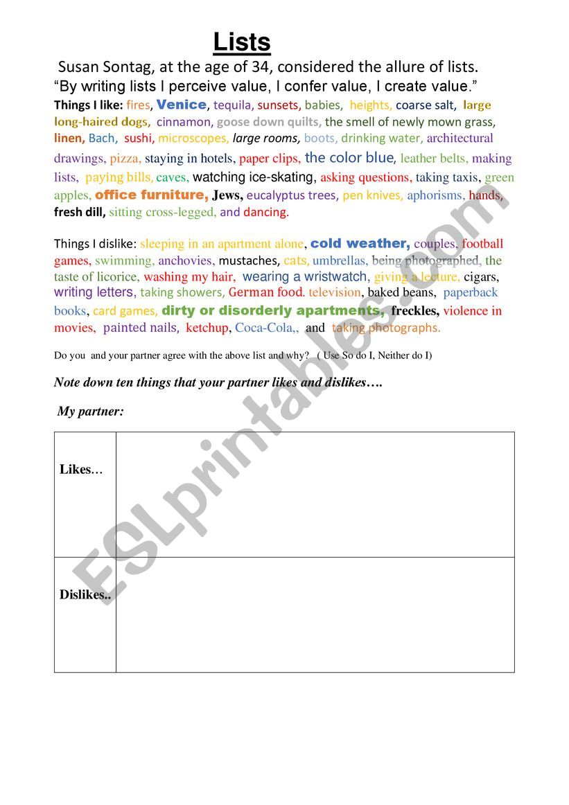 Vocab Lists Susan Sontag worksheet
