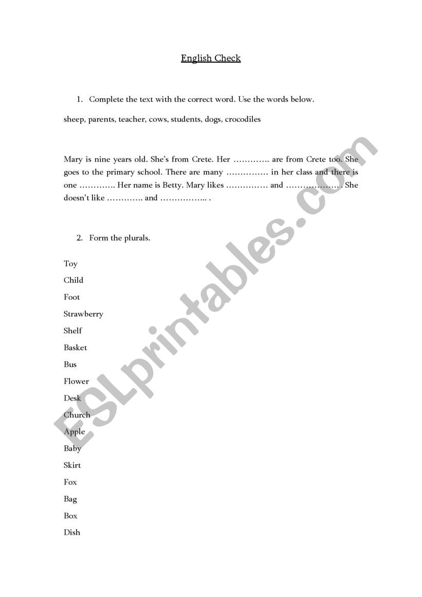 Plurals, Articles and Numbers worksheet