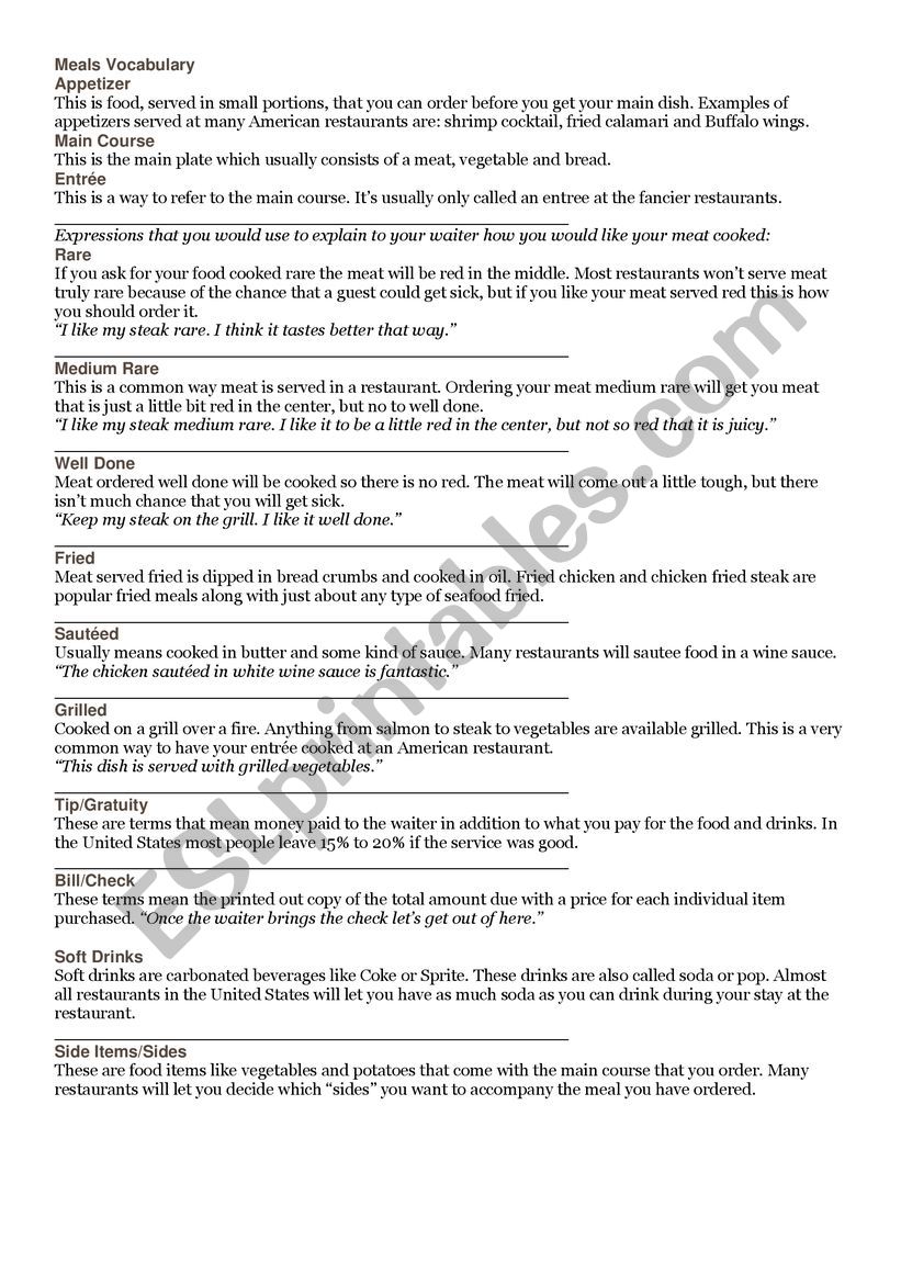 Meals Vocabulary worksheet