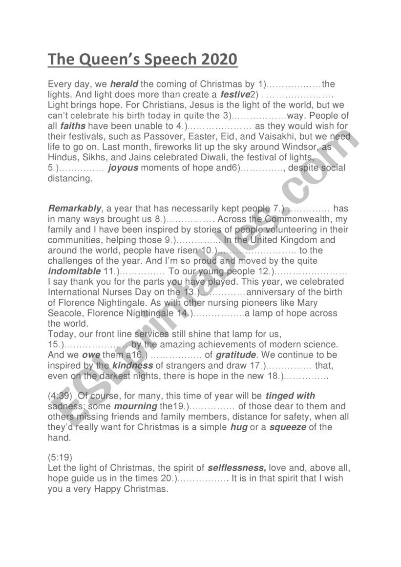 The QueenÂ´s Speech worksheet
