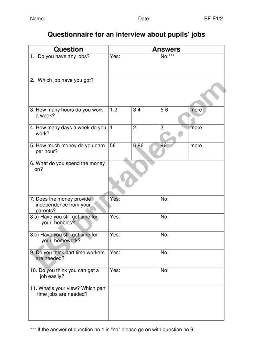 Have you got a job? Bingo worksheet