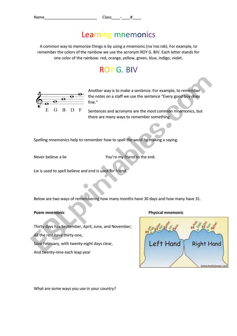 Mnemonics  worksheet