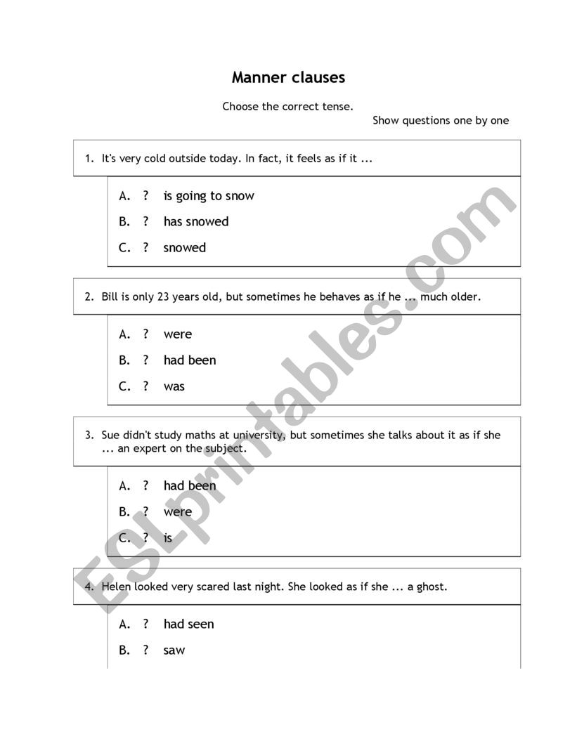 Clauses of manner Exercise worksheet