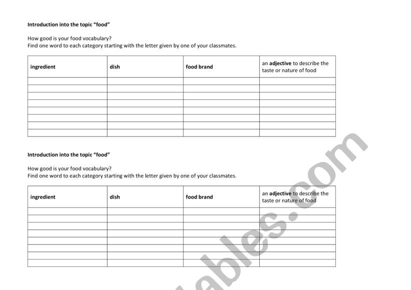 Opening exercise about food worksheet