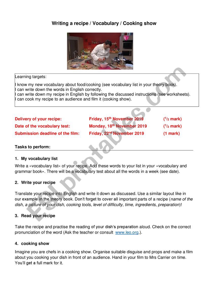 cooking show worksheet
