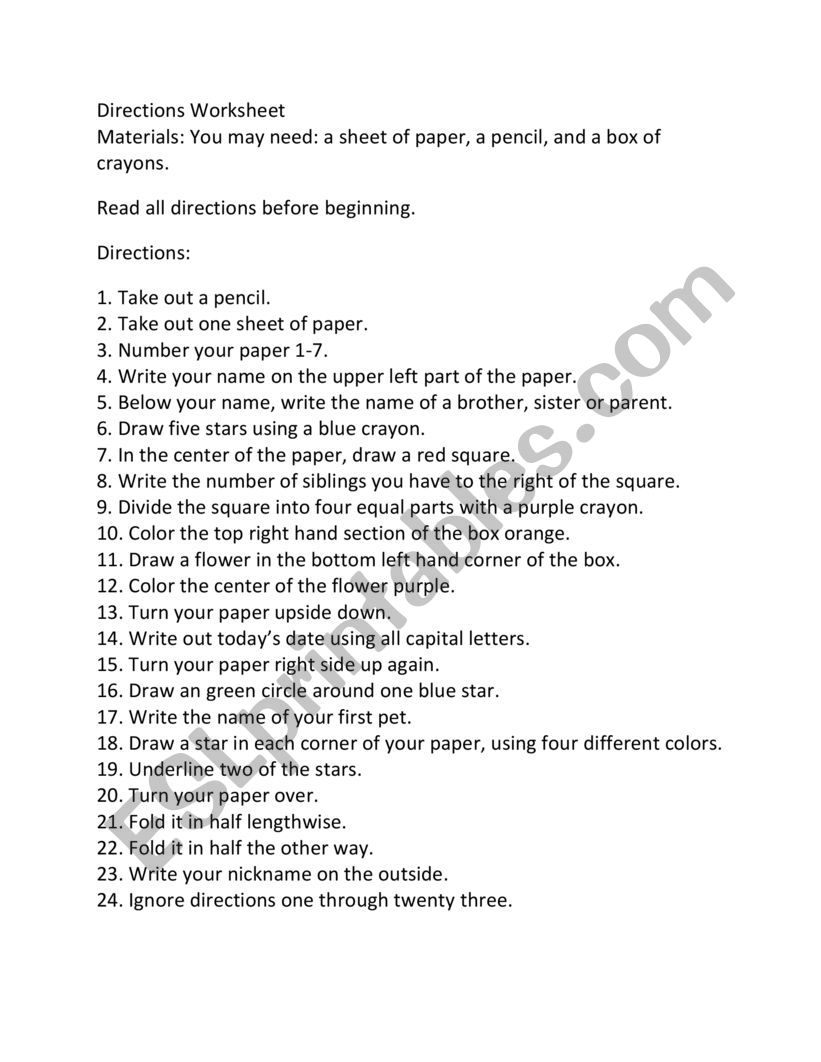 Following Directions worksheet