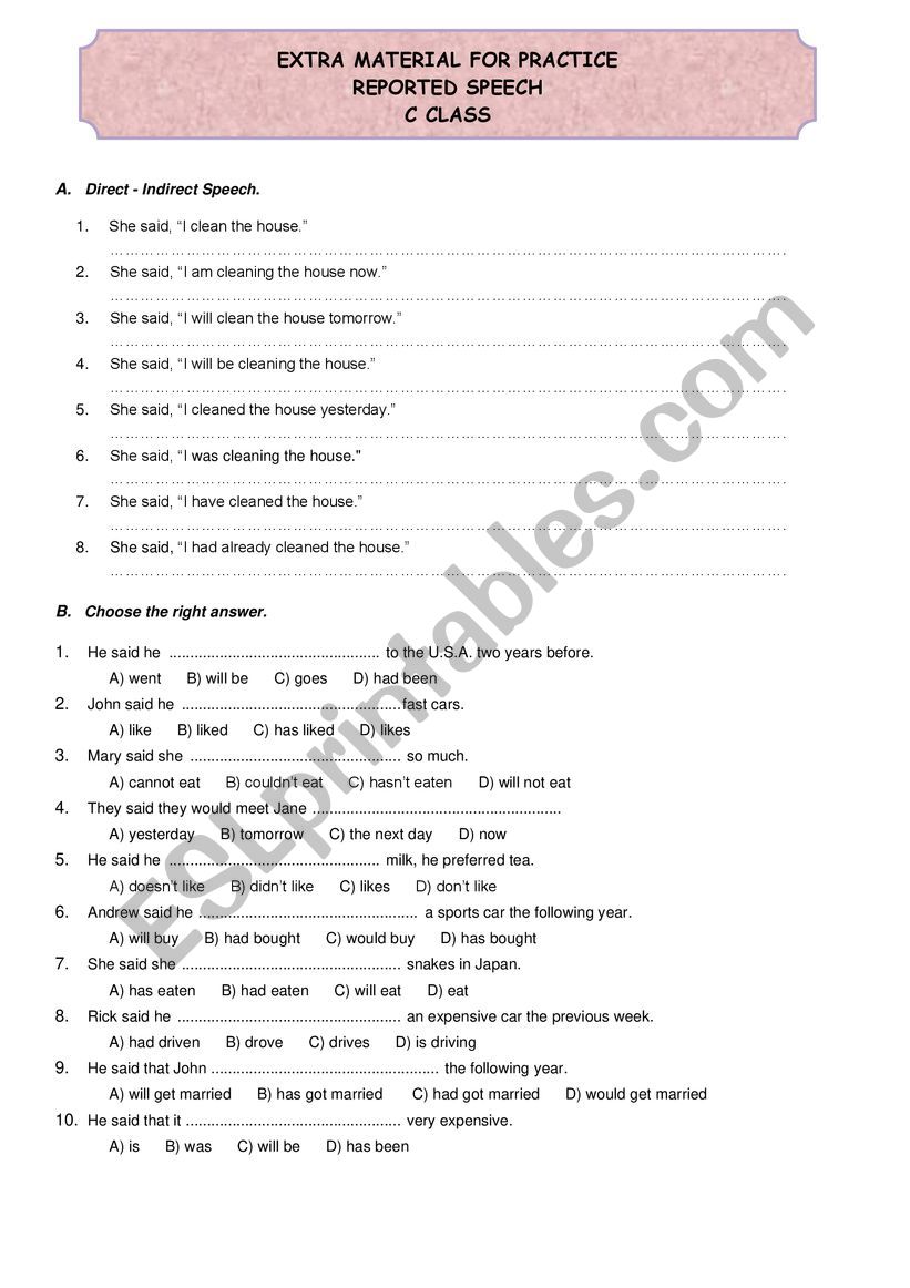 REPORTED SPEECH worksheet