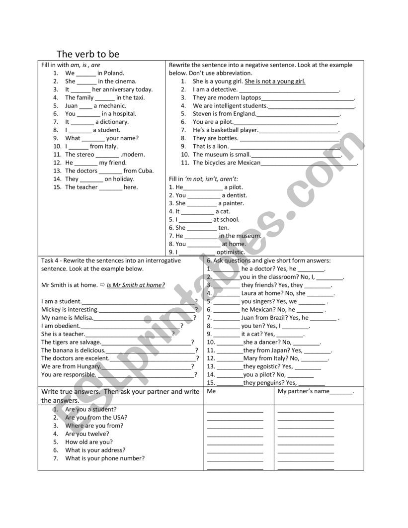 Verb to be exercises worksheet