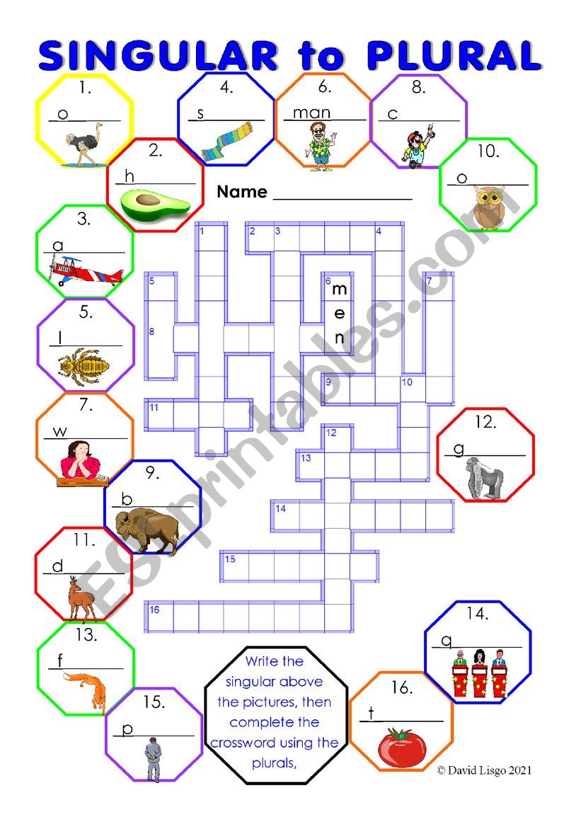 Singular to Plural Crossword with Key