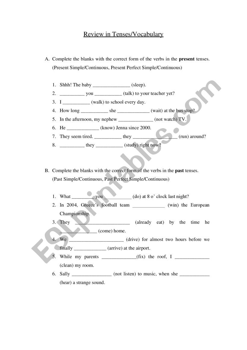 Review in Tenses/Vocabulary worksheet