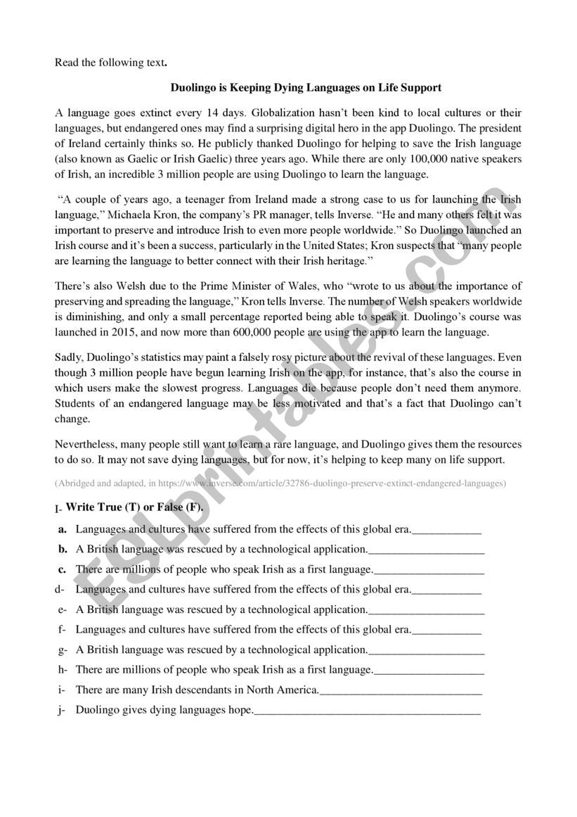 Language worksheet