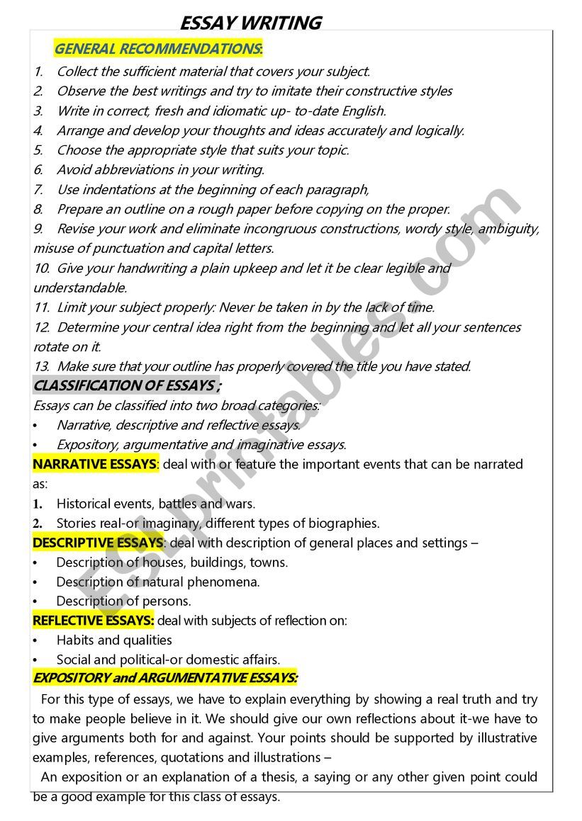 ESSAY WRITING worksheet