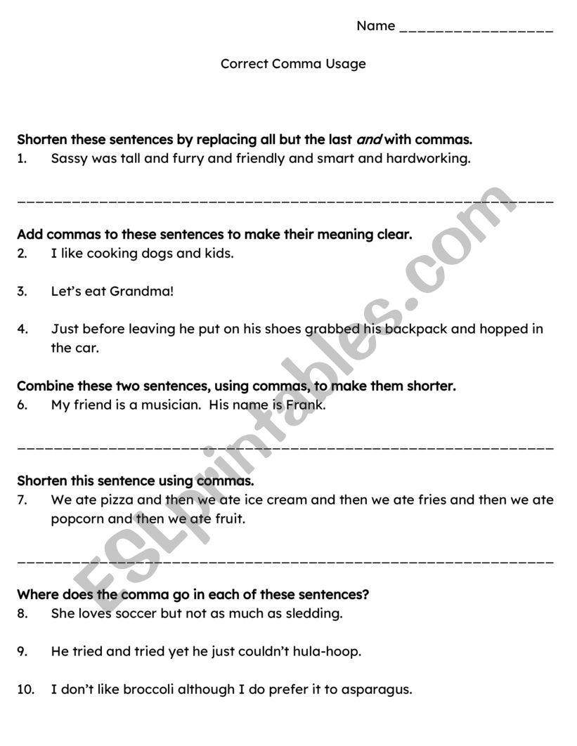 Commas worksheet