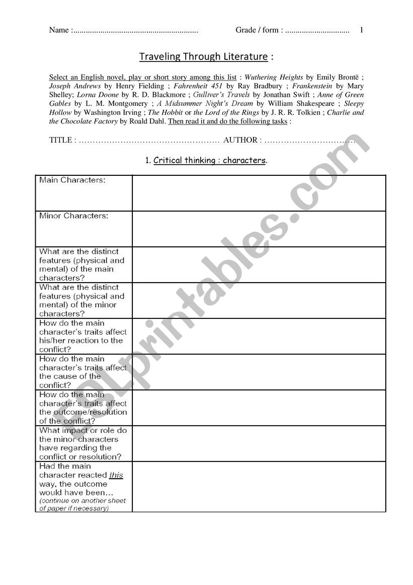 Traveling through literature worksheet