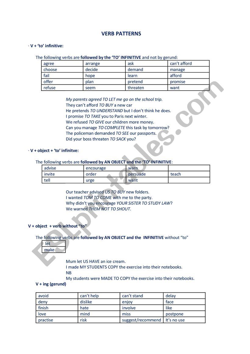 Verb Patterns worksheet