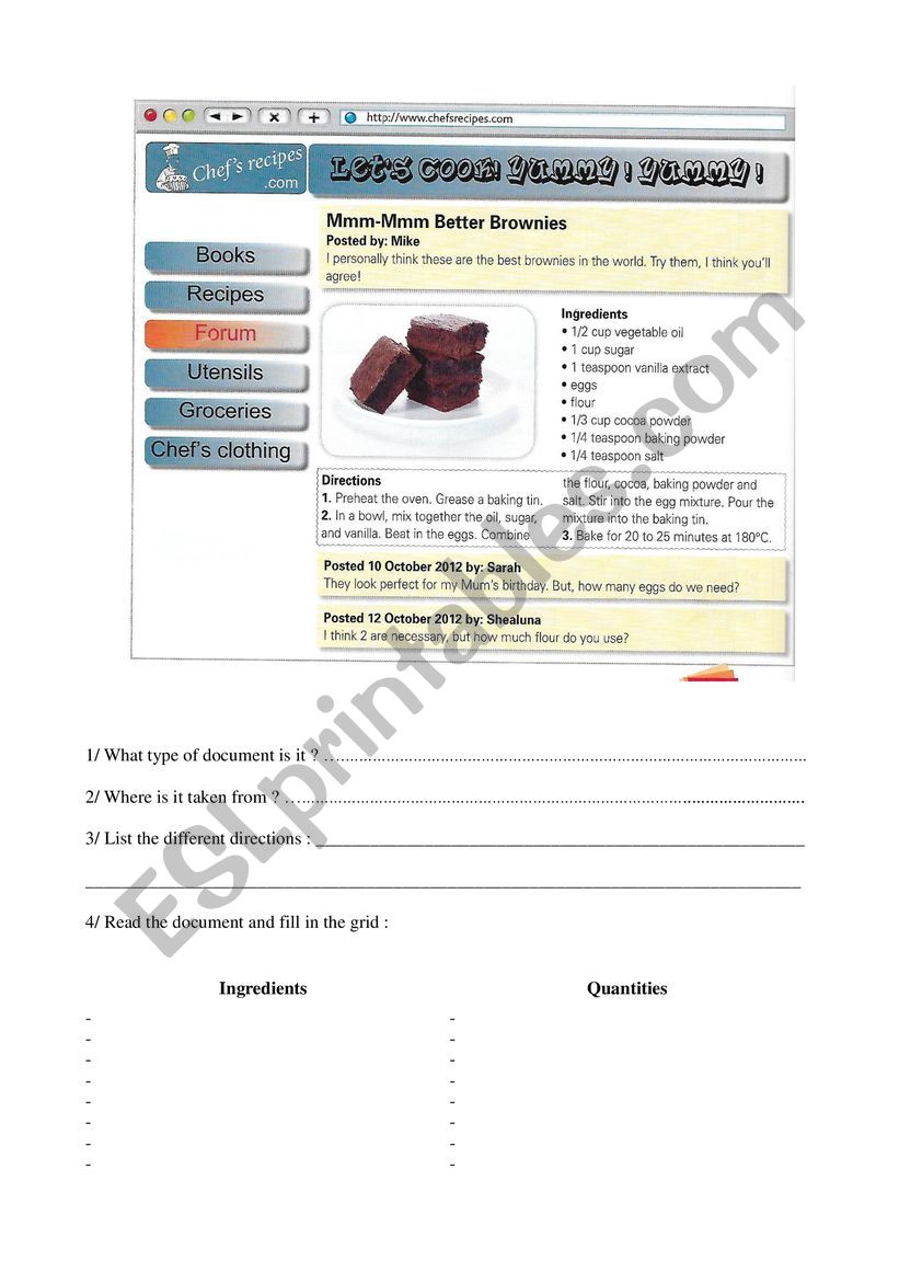 brownies recipe worksheet