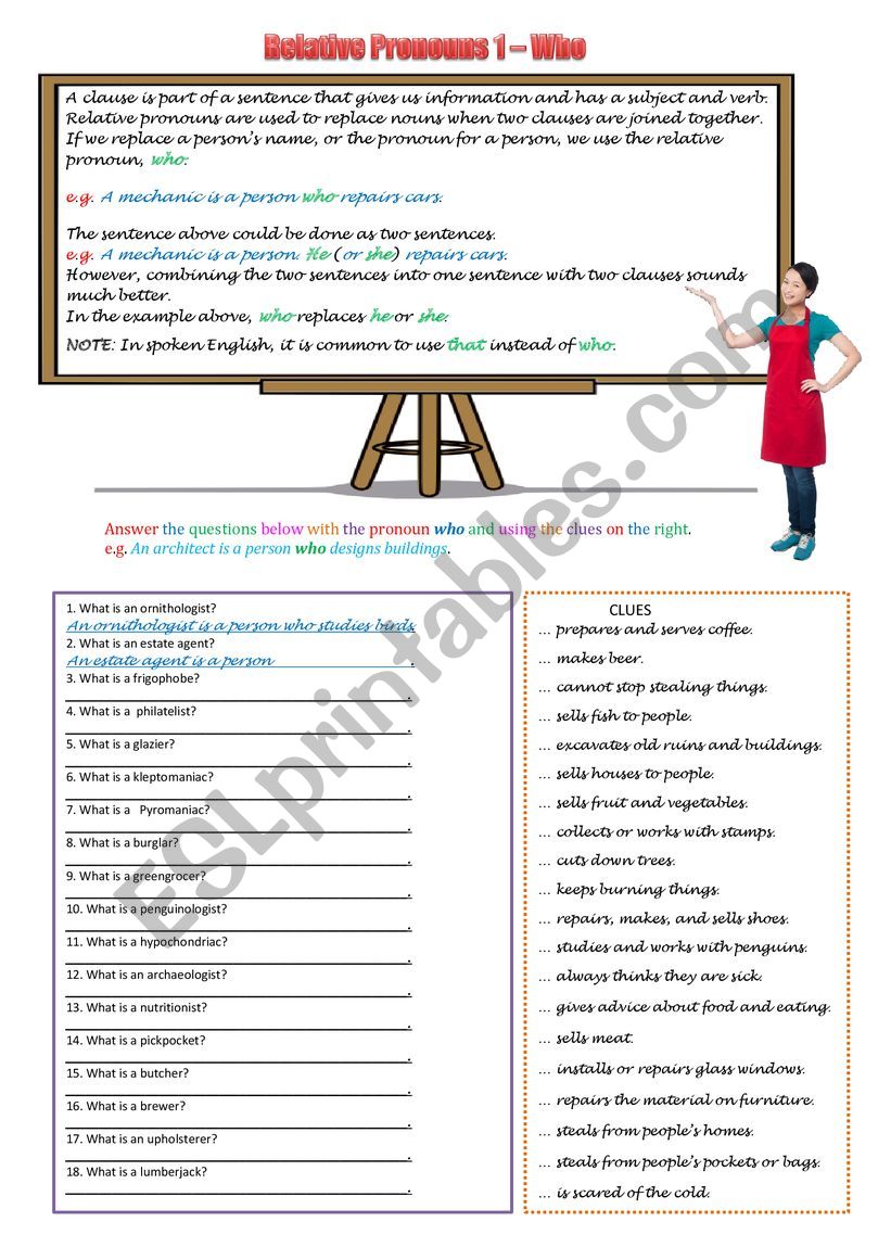 Relative Pronouns - who worksheet