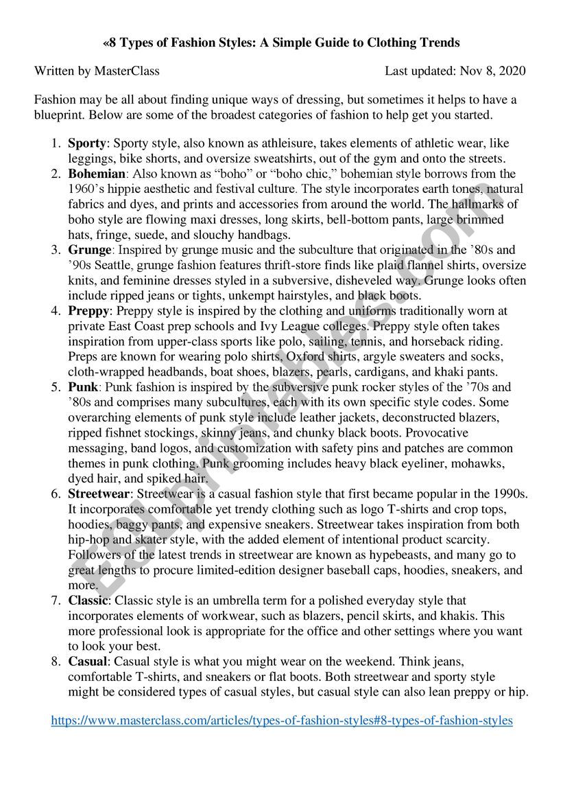 Fashion worksheet