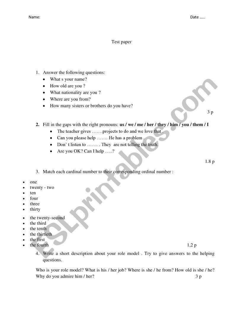 test paper worksheet
