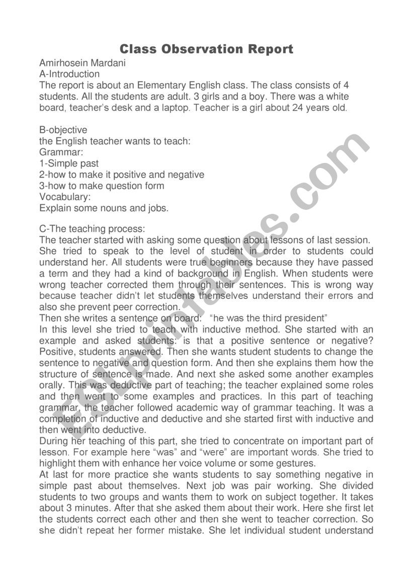 elementary classroom observation report sample