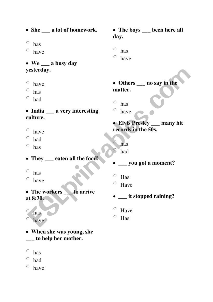 Have Has Had ESL Worksheet By Mrandhi