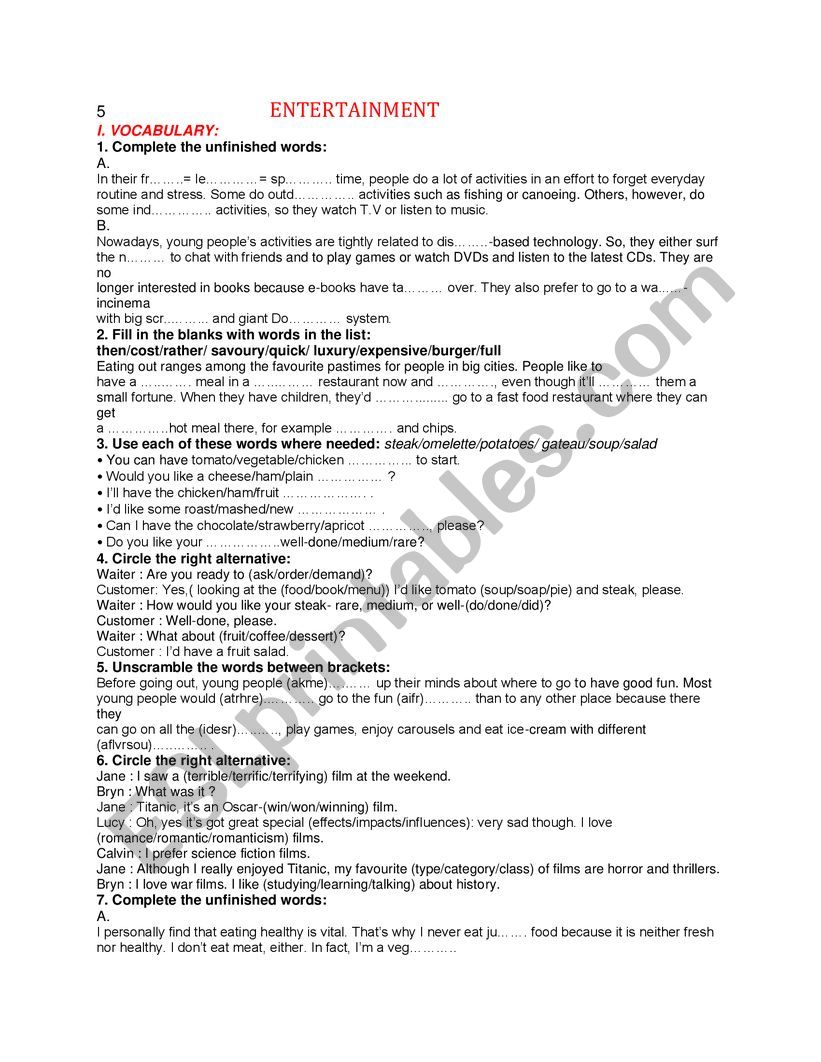 module 5 Entertainment  worksheet