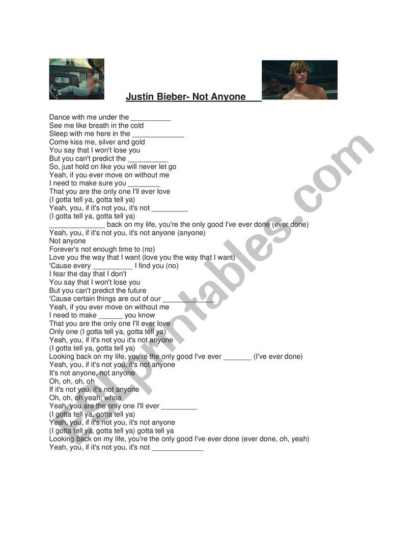 Anyone- Justin Bieber worksheet