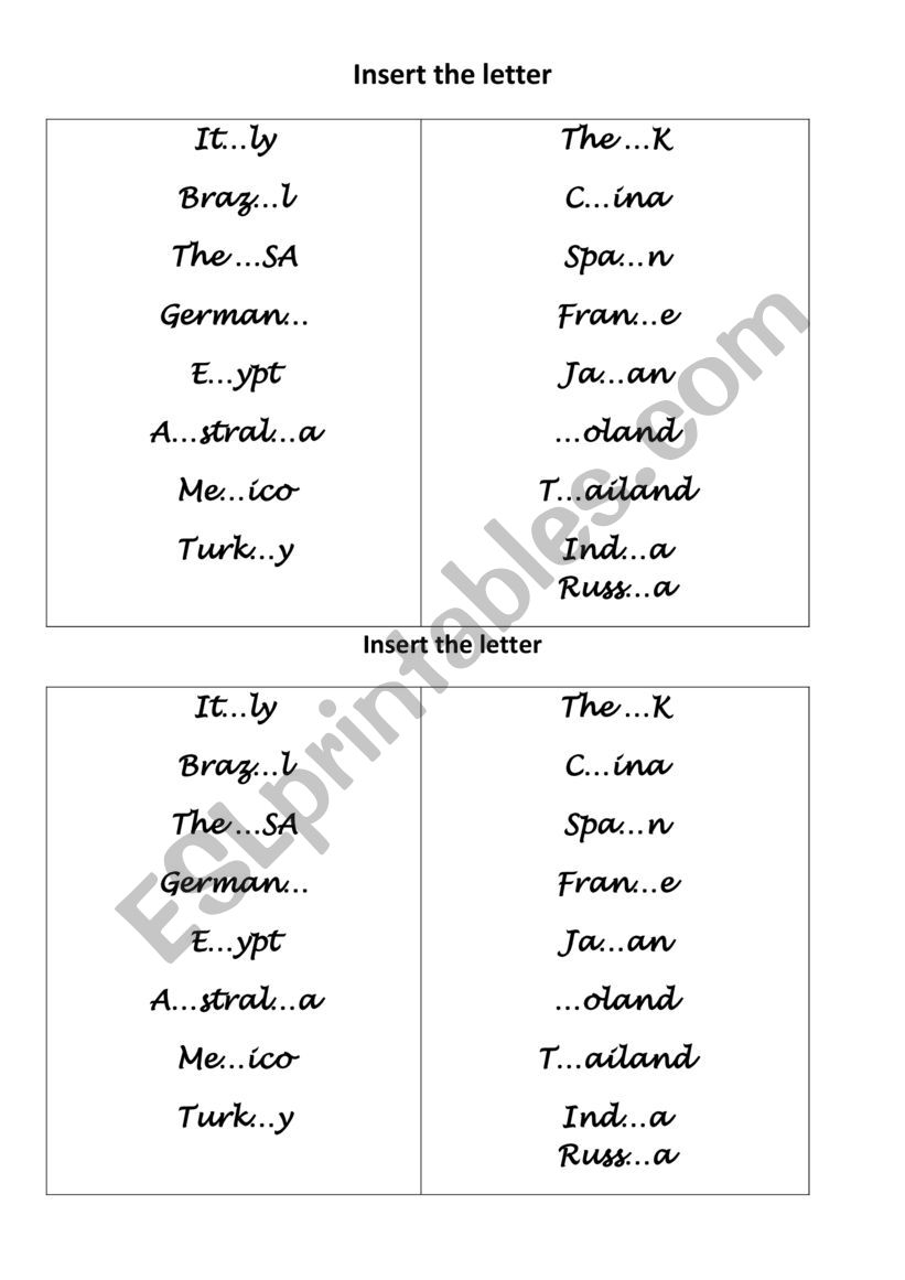 Countries A1 worksheet