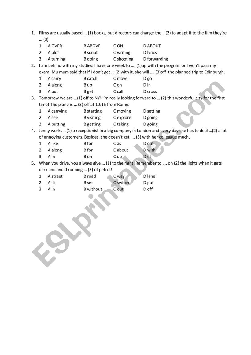 B1 phrasal verbs, multiple choice