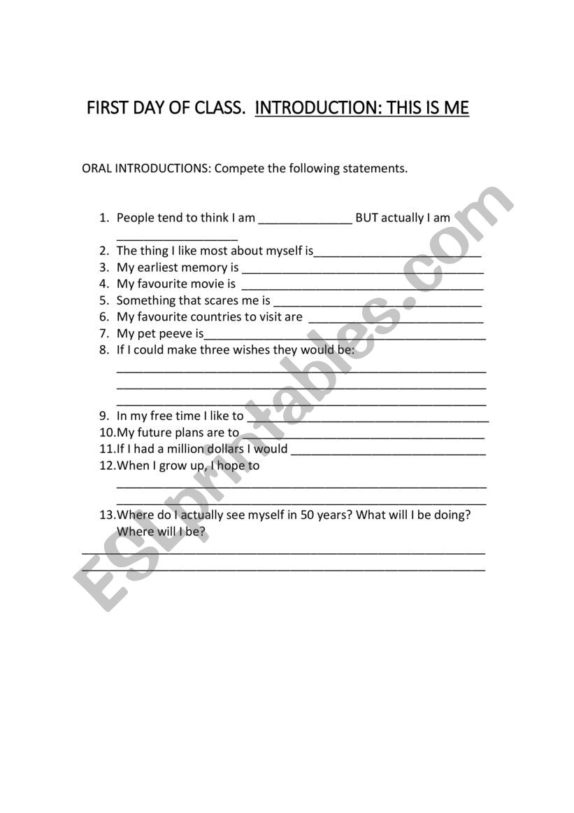 ORAL INTRODUCTION: FIRST DAY worksheet