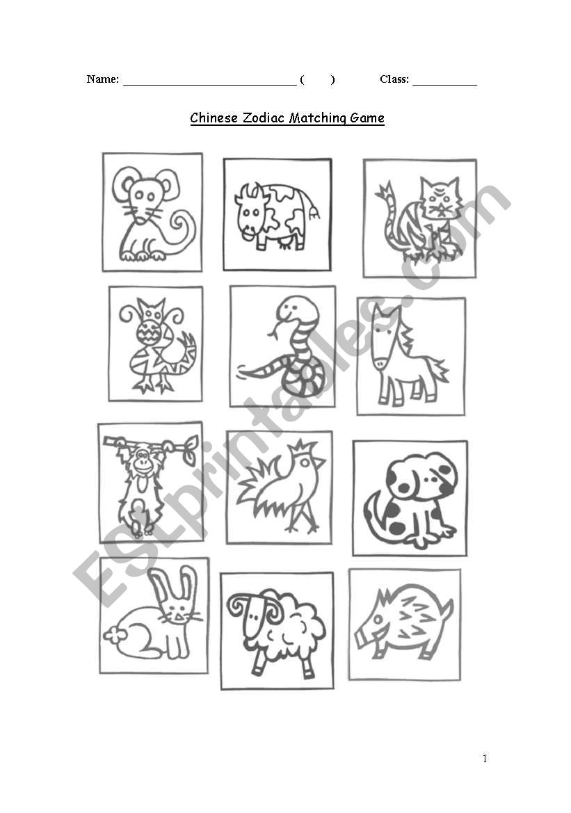 Chinese zodiac matching game worksheet