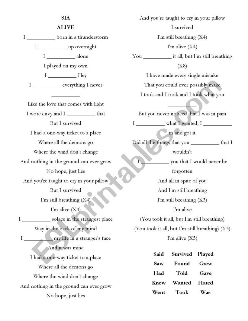 Simple Past Song -SIA- Alive worksheet