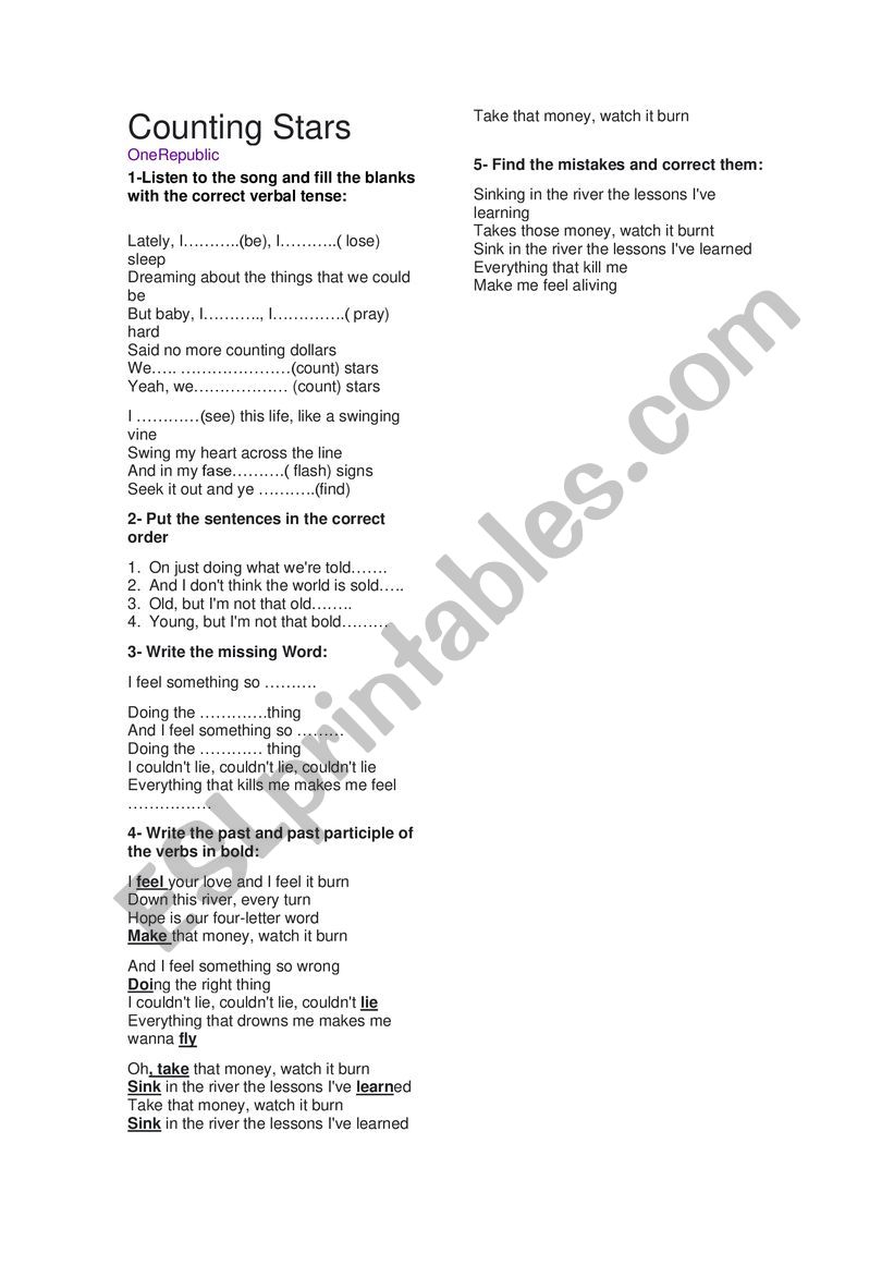 Song Counting stars activity worksheet