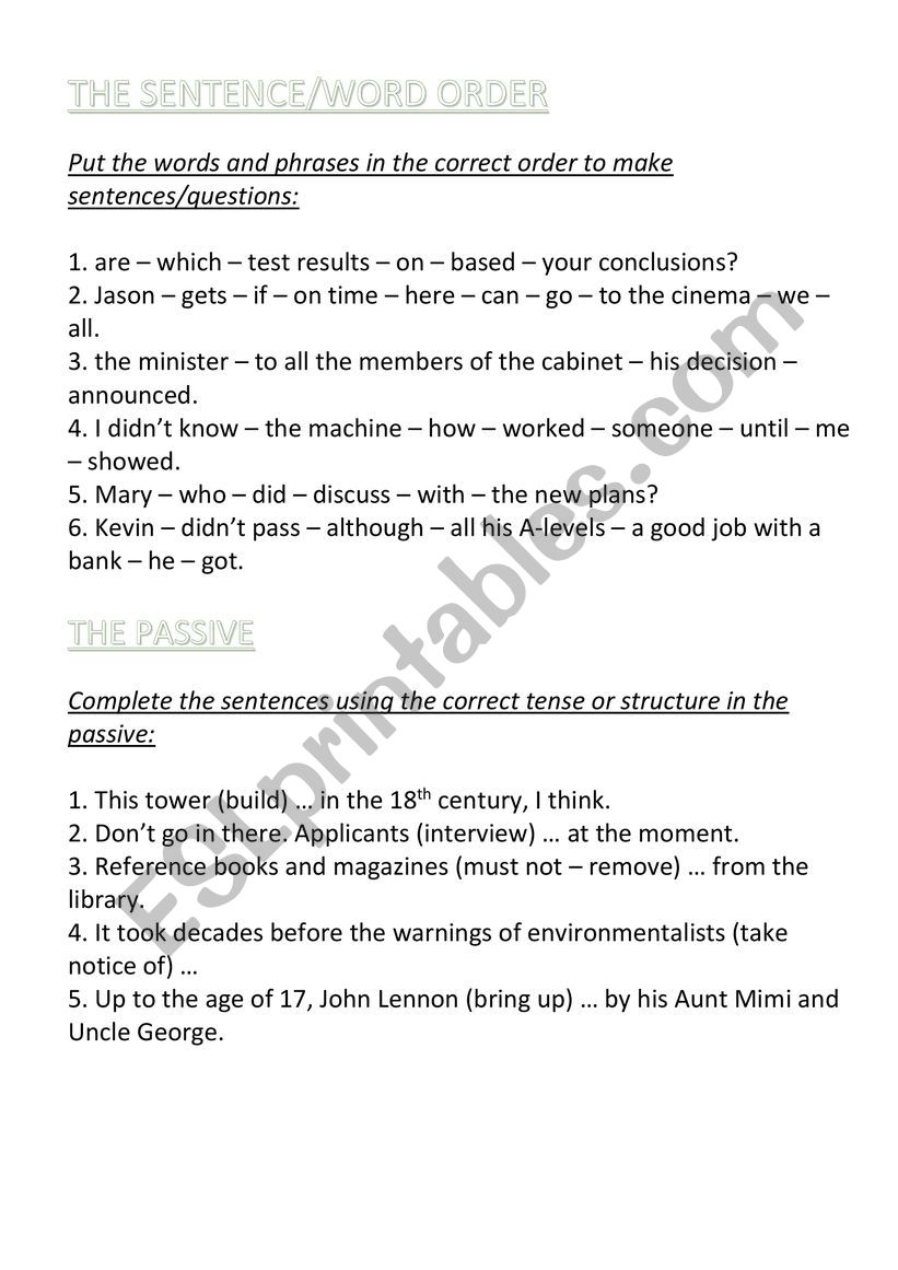 Word order and passive worksheet