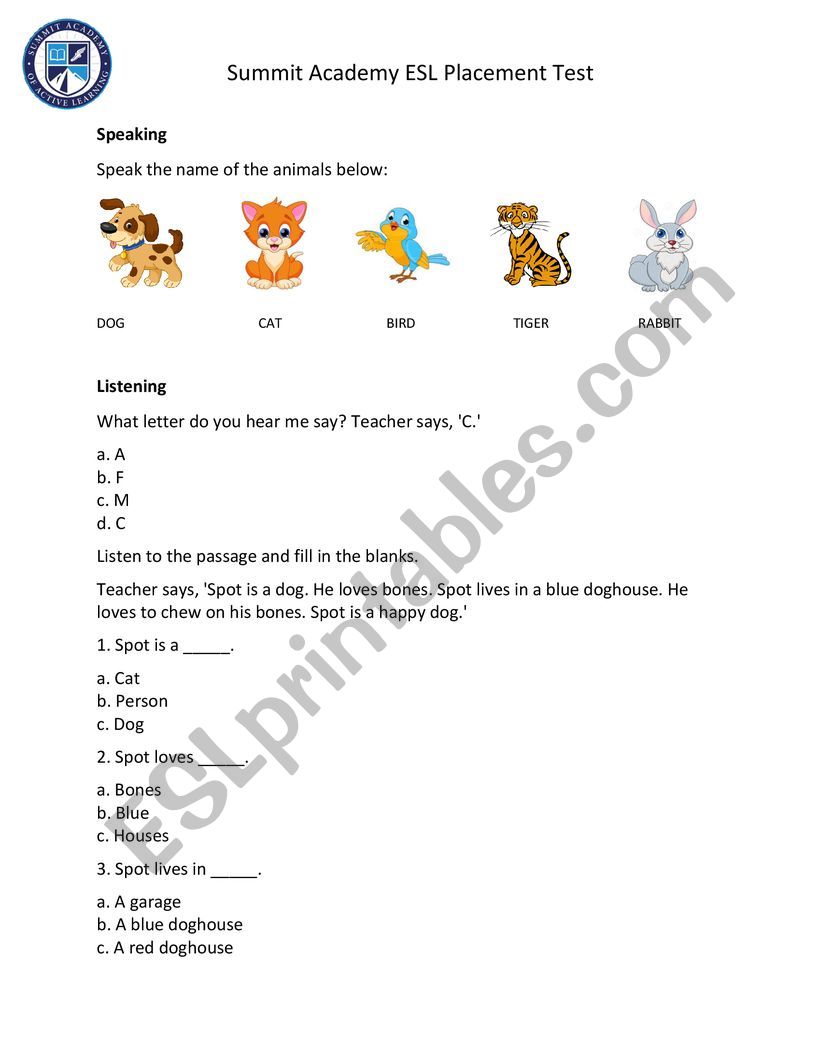 Elementary ESL Placement Test worksheet