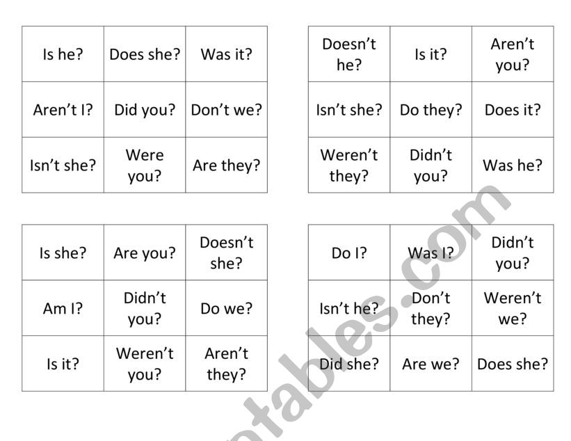 Question tags Bingo worksheet