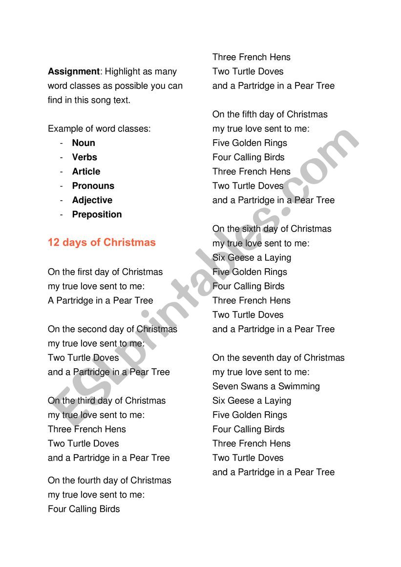 Grammar exercise - 12 days of Christmas