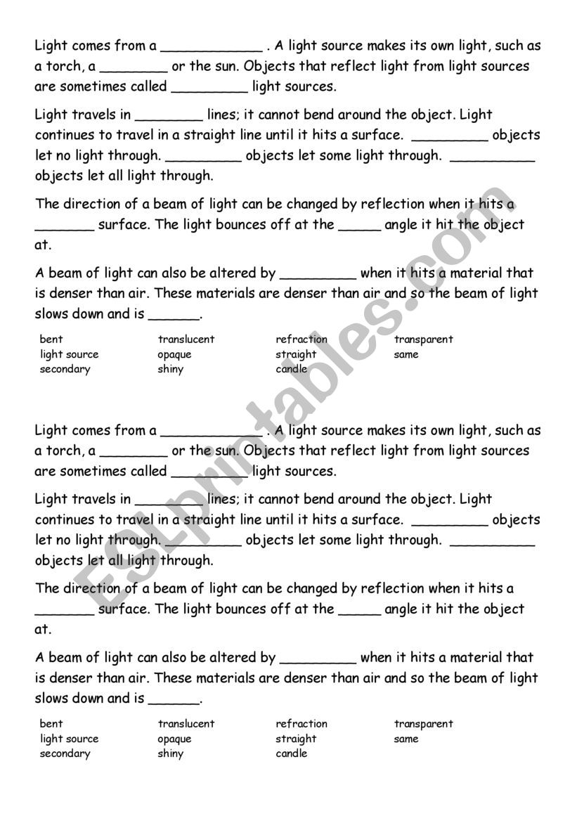 Light Travels in Straight Lines Cloze