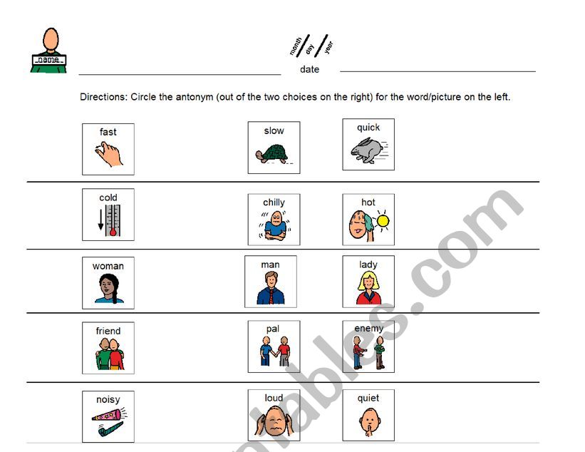 Circle the Antonym worksheet