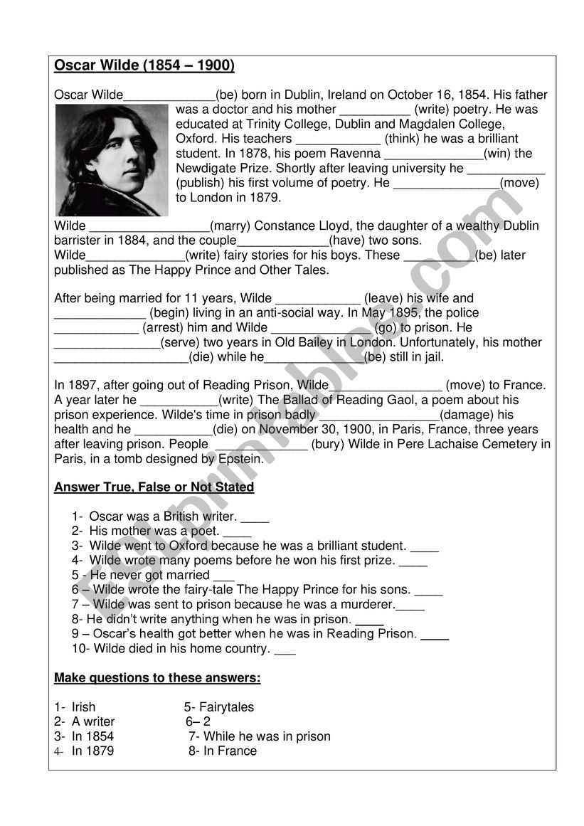 Oscar Wilde Biography (Reading and Grammar tasks)