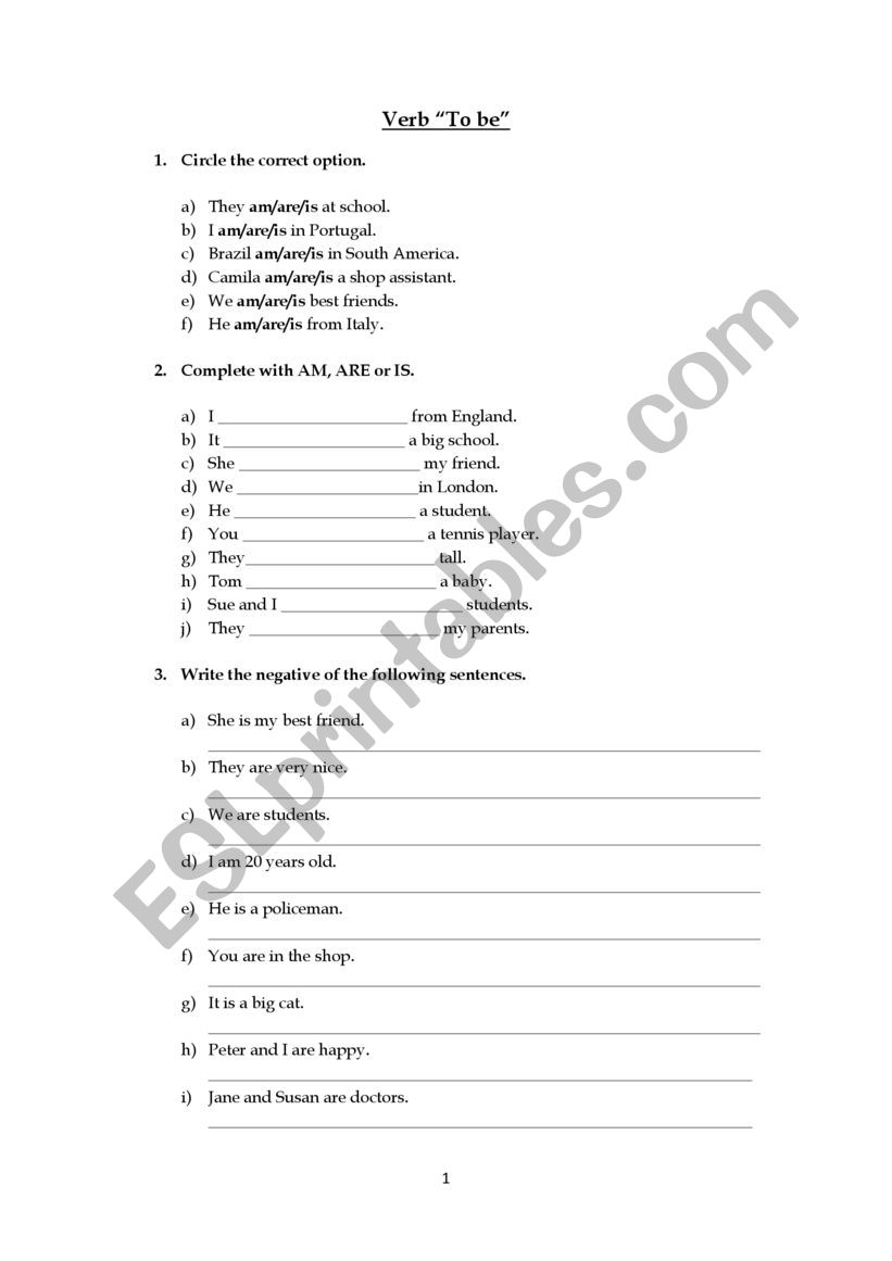 Verb to be worksheet