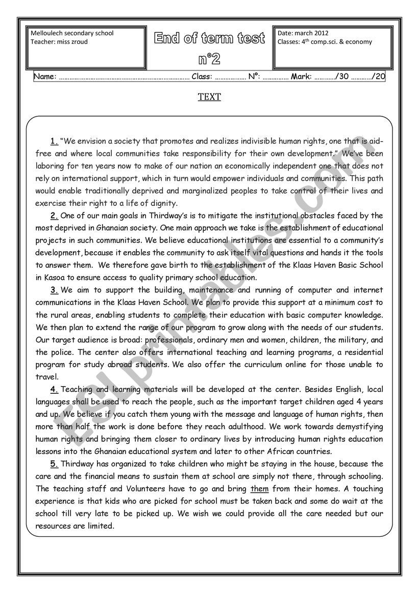 end term test Bac eco +info worksheet