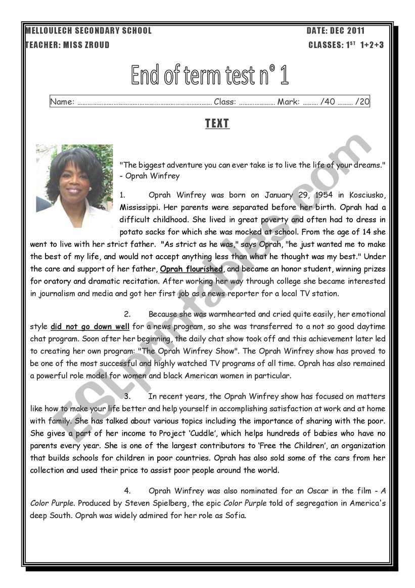 end term test 1st secondary worksheet