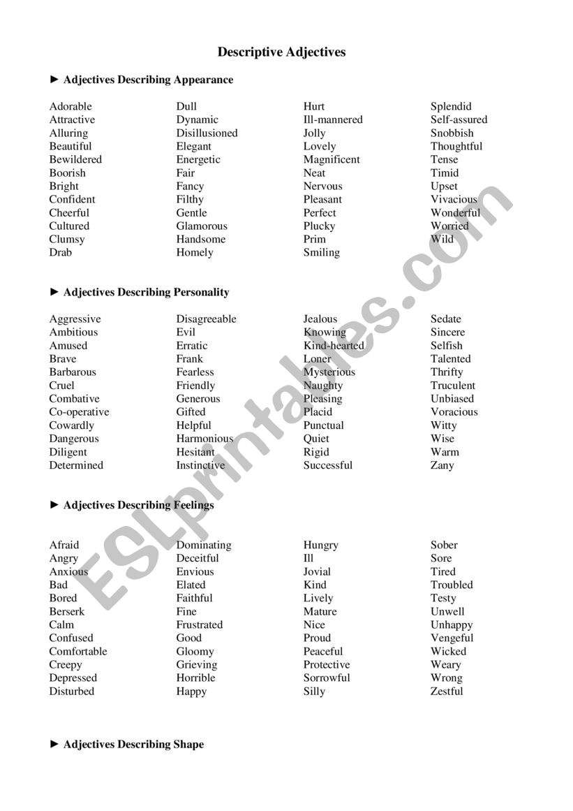 Descriptive adjectives notes worksheet