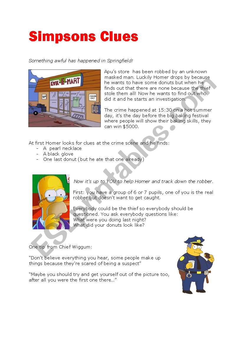 Simpsons Clues Game worksheet