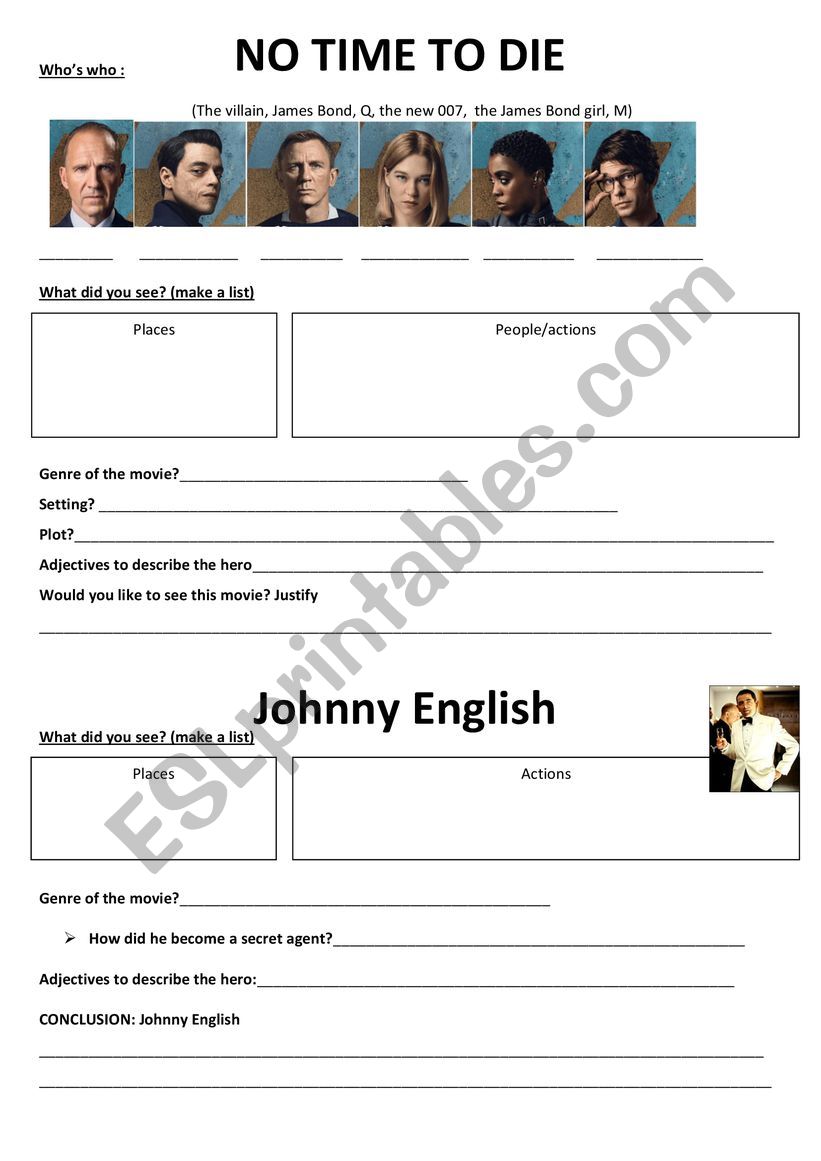 James Bond vs Johnny English worksheet