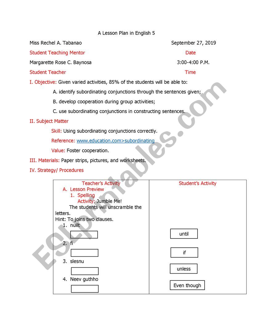 Conjunctions Lesson worksheet