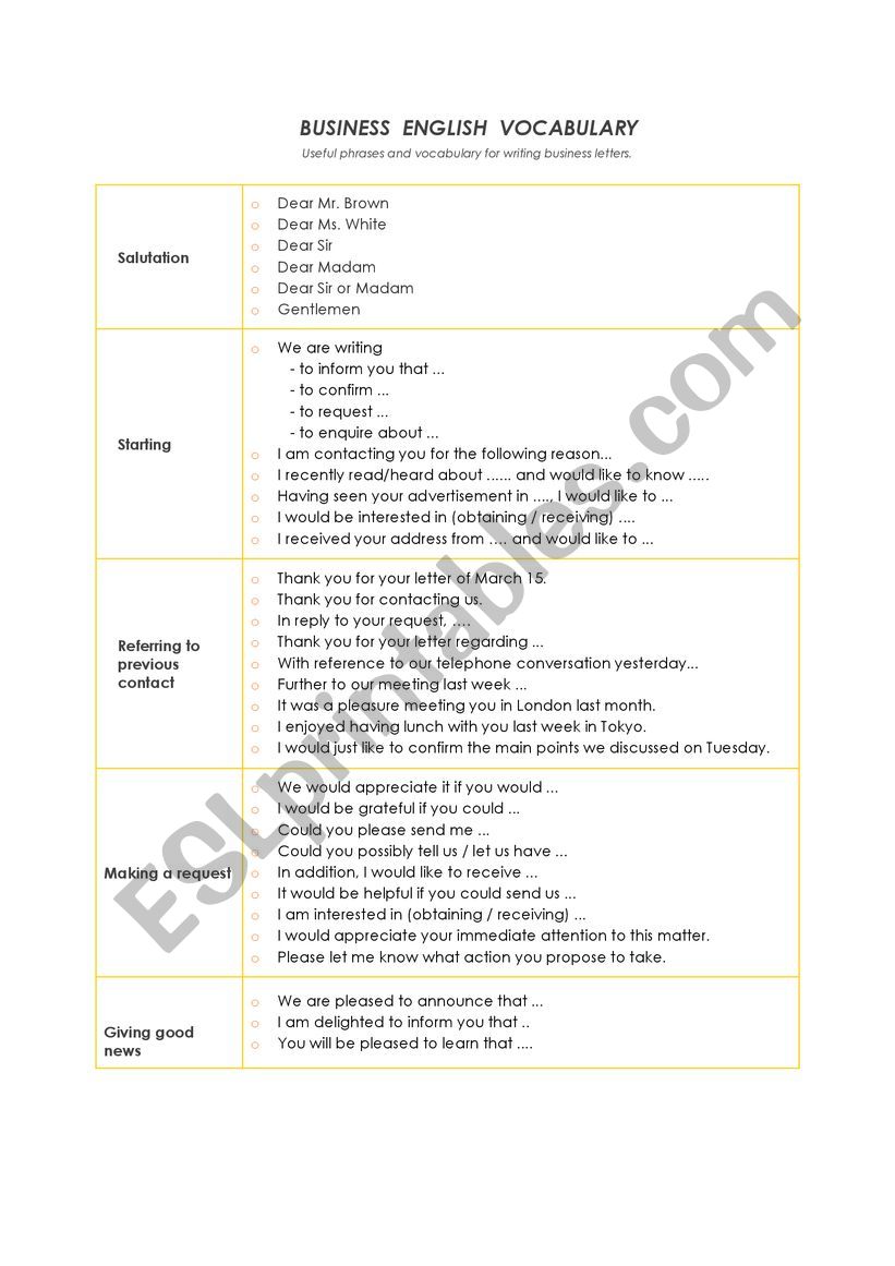 English Business Letters worksheet
