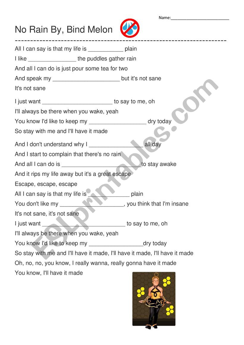 No Rain- Blind Melon worksheet